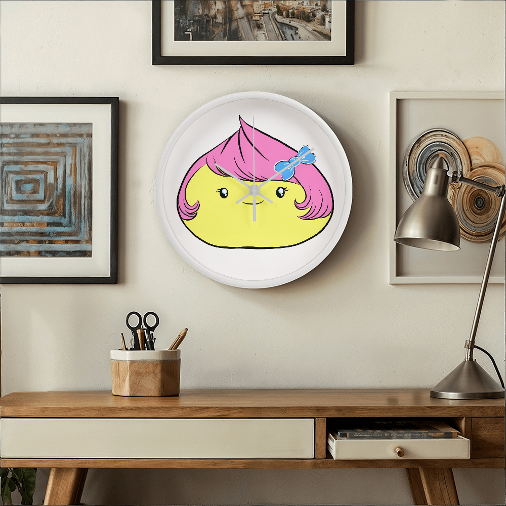 Cute Dumpling Clock – 10” Cute Yellow Wall Clock with Pink Hair & Blue Bow