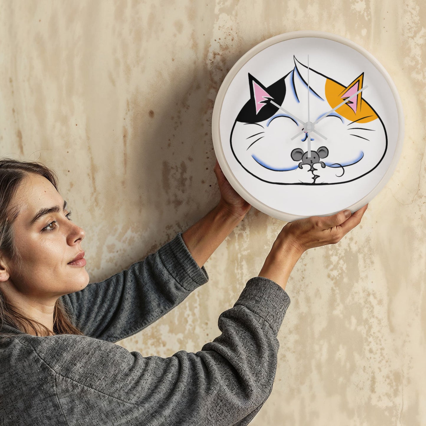 Kawaii Tabby Cat and Mouse Wall Clock – 10" Wood Frame, Calico Cat Hugging Plush Mouse, Cute Animal Decor for Kids' Rooms or Cat Lover