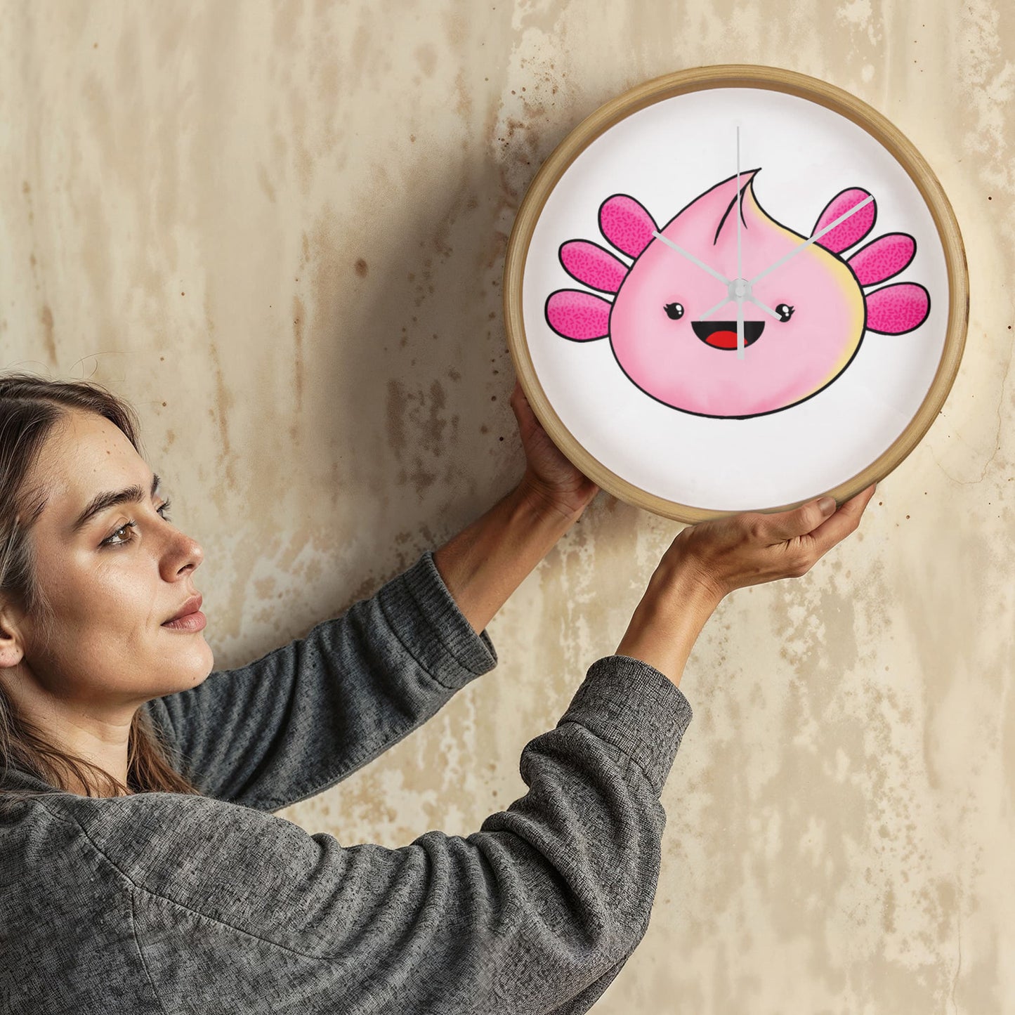 Axolotl Dumpling Wall Clock – 10” Wood Frame Cute Kawaii Axolotl Decor