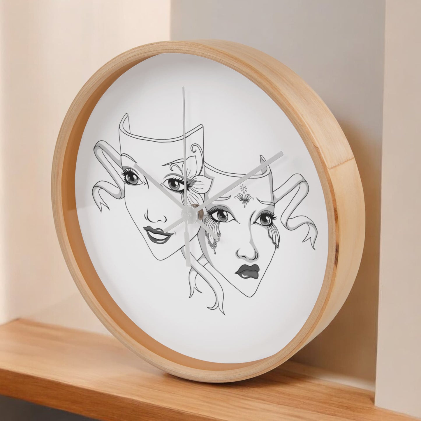 Elegant Drama Mask Wall Clock – 10” Wood Frame Home Decor Gift for Theatre Lovers
