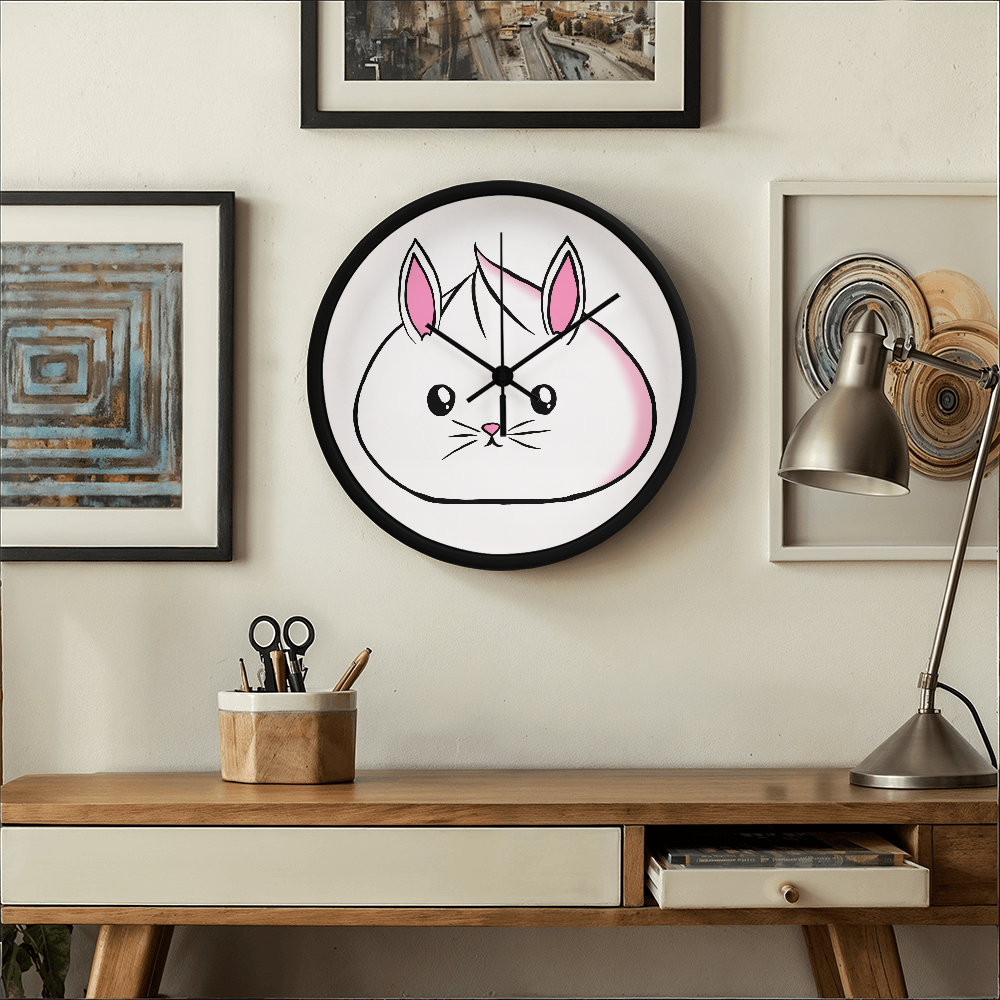 Kawaii Bunny Dumpling Wall Clock – 10” Wood Frame Cute Animal Home Decor