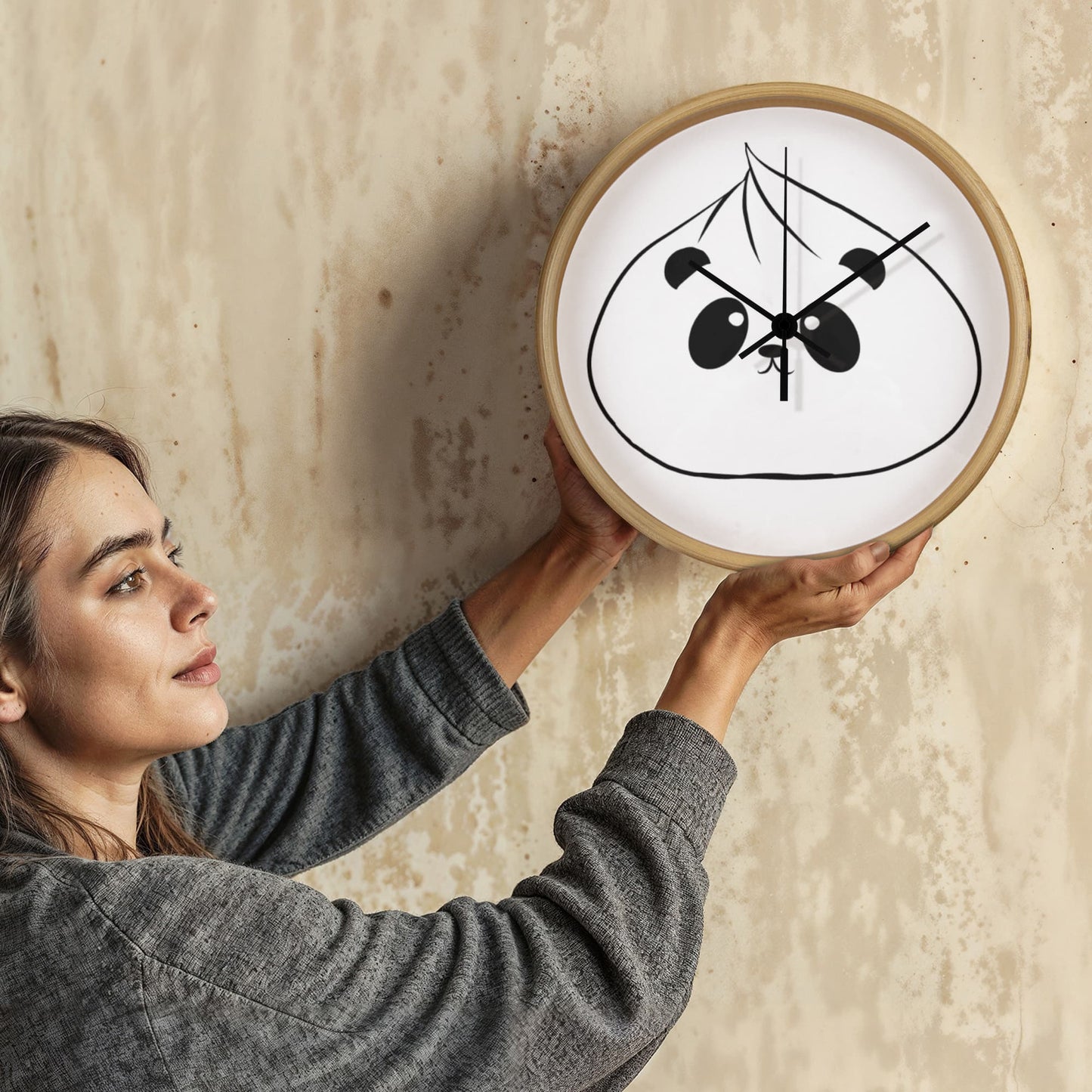 Panda Dumpling Wall Clock – Cute 10" Round Wooden Clock, Minimalist Kawaii Panda Face Decor