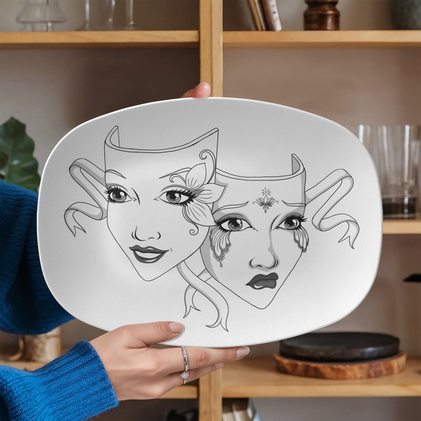 Drama Mask Platter – 10x14” Gothic Theatre Comedy & Tragedy Oval Serving Tray