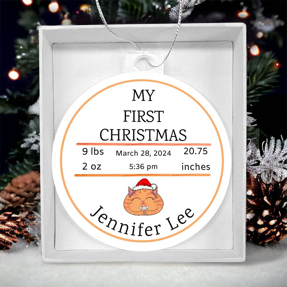 Personalized Baby’s First Christmas Cat Birth Stats Ornament