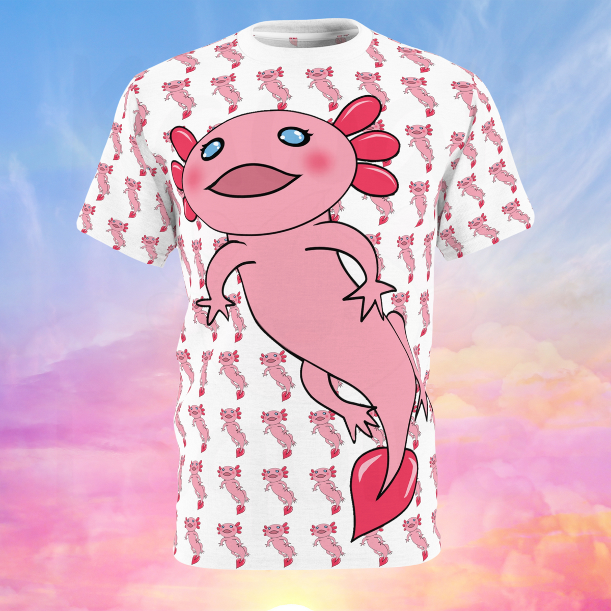 T-shirt featuring a cute pink axolotl design. The background of the shirt is white with a repeating pattern of smaller pink axolotls scattered throughout. A large, centrally positioned pink axolotl with blue eyes and red frills is the main focal point of the design. 