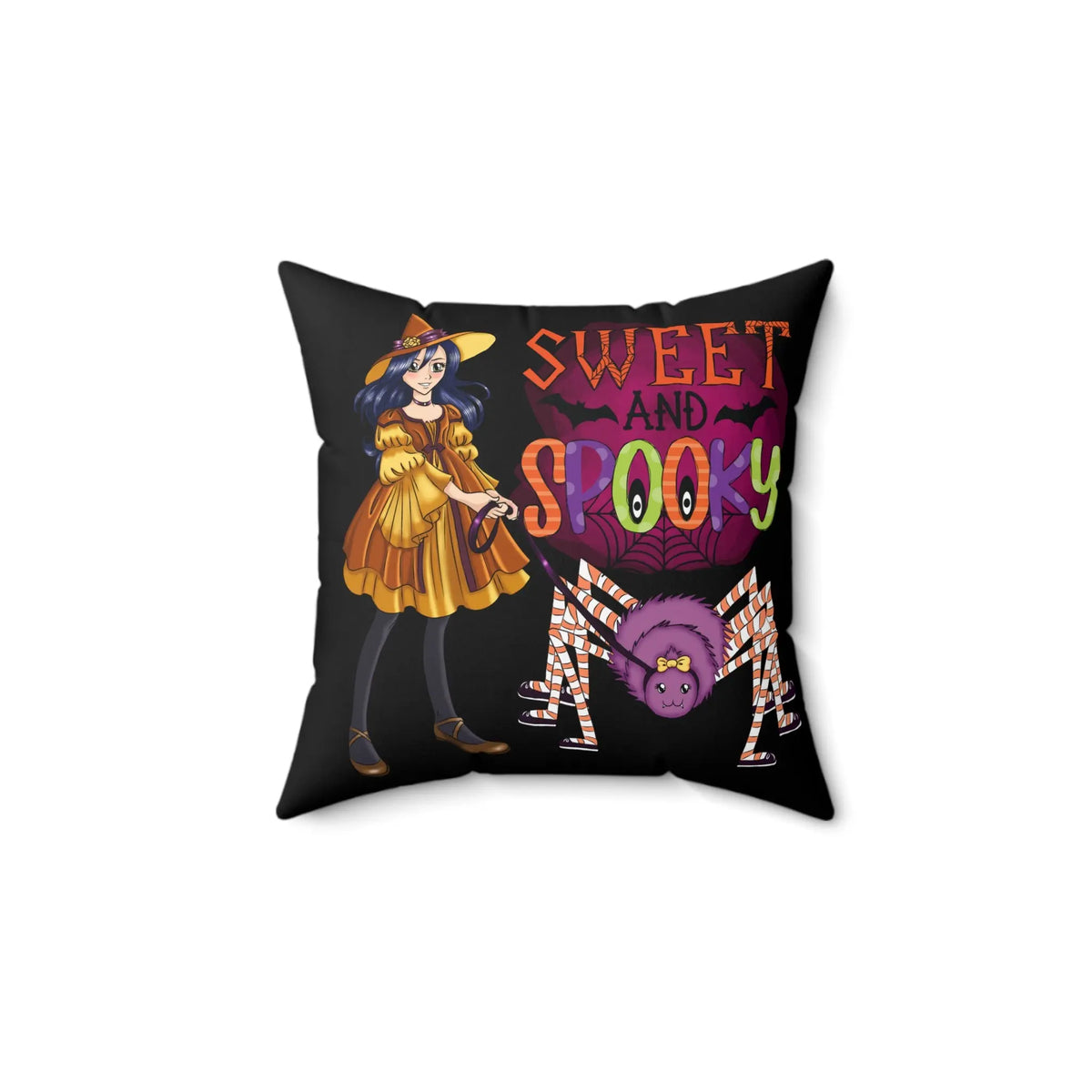 "Sweet and Spooky" Spider Witch Decorative Pillow – Perfect for Halloween! Kawaii Esquire