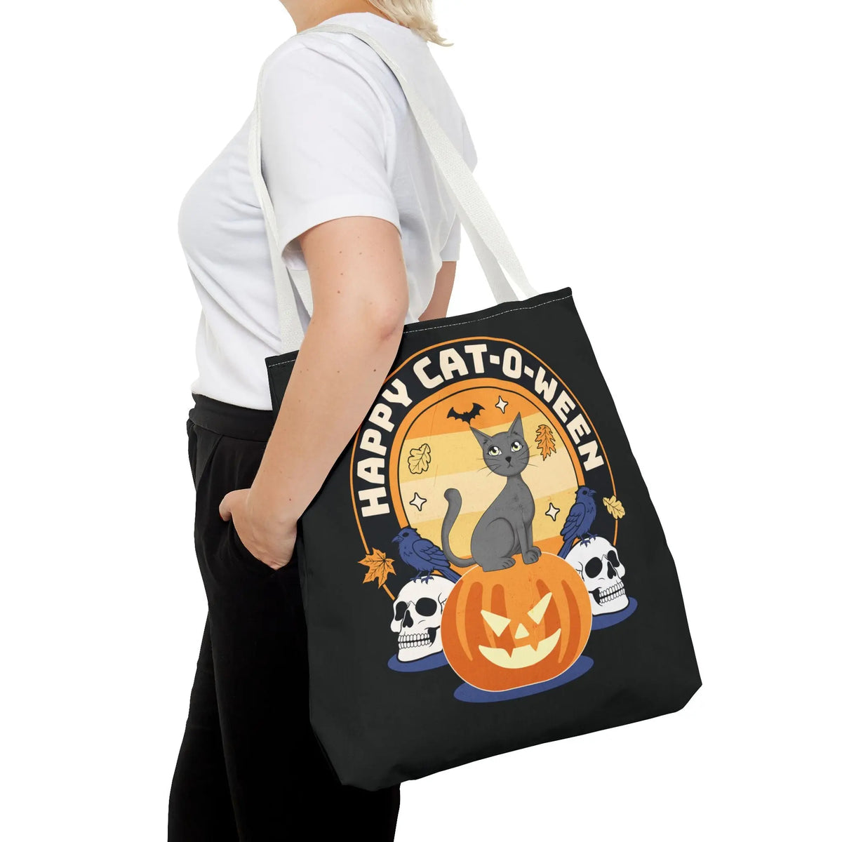 Tote Bag - Halloween Black Cat on Jack O Lantern Design Printify