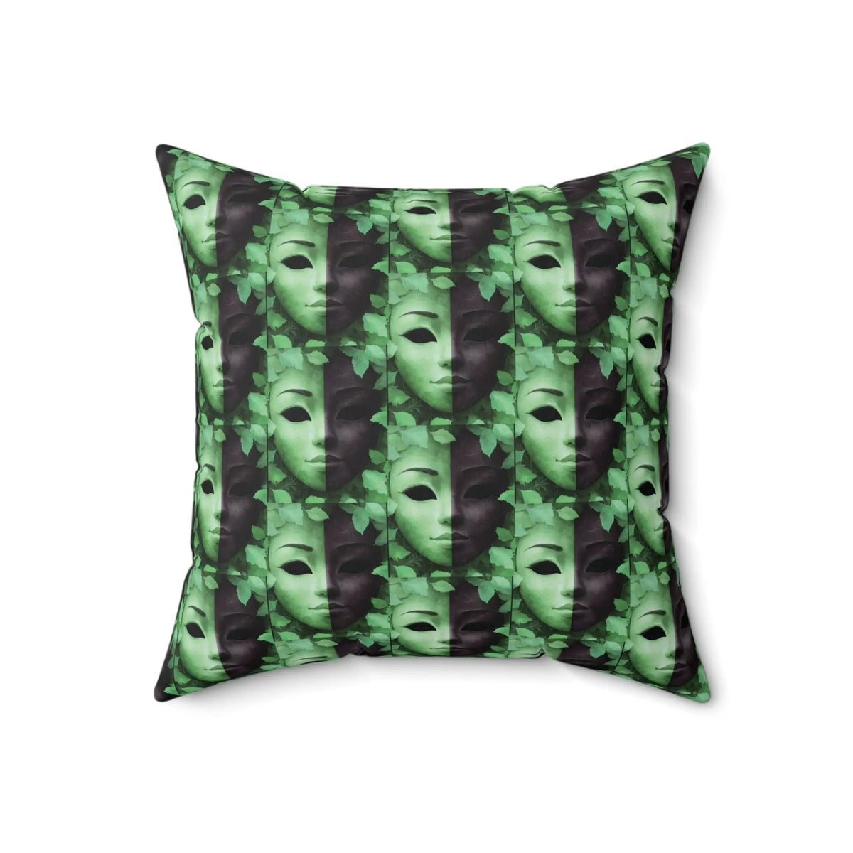 Square Pillow Faces of Fall Green & Black Dramatic Mask Spun Polyester Printify