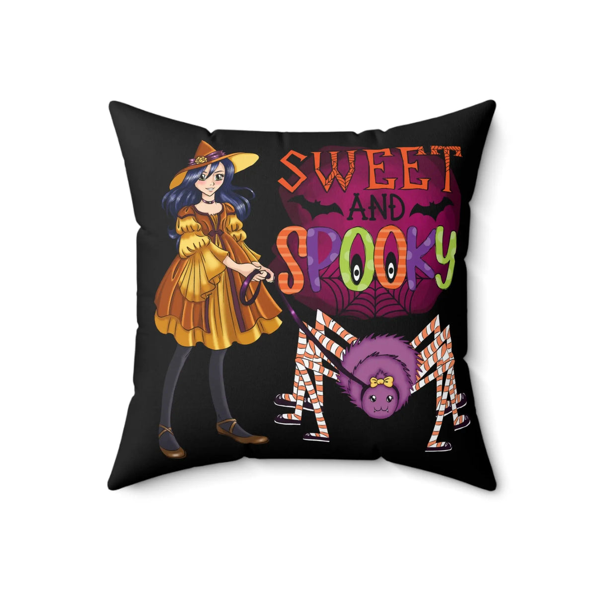 "Sweet and Spooky" Spider Witch Decorative Pillow – Perfect for Halloween! Kawaii Esquire