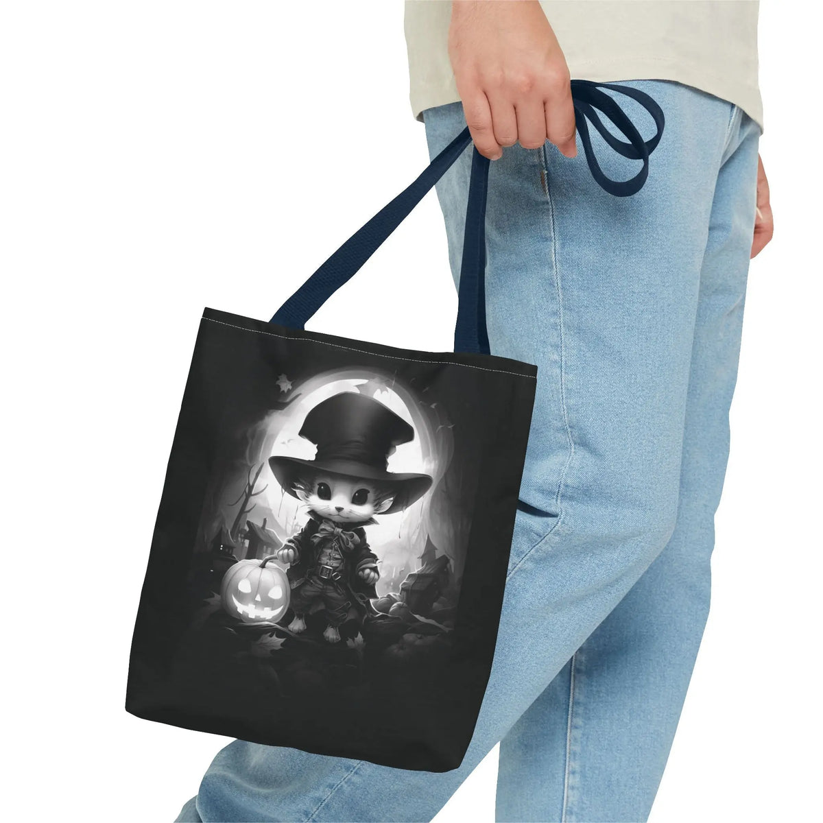 Tote Bag - Black & White Vampire Hunter Mouse with Top Hat Halloween Jack-o'-lantern Printify