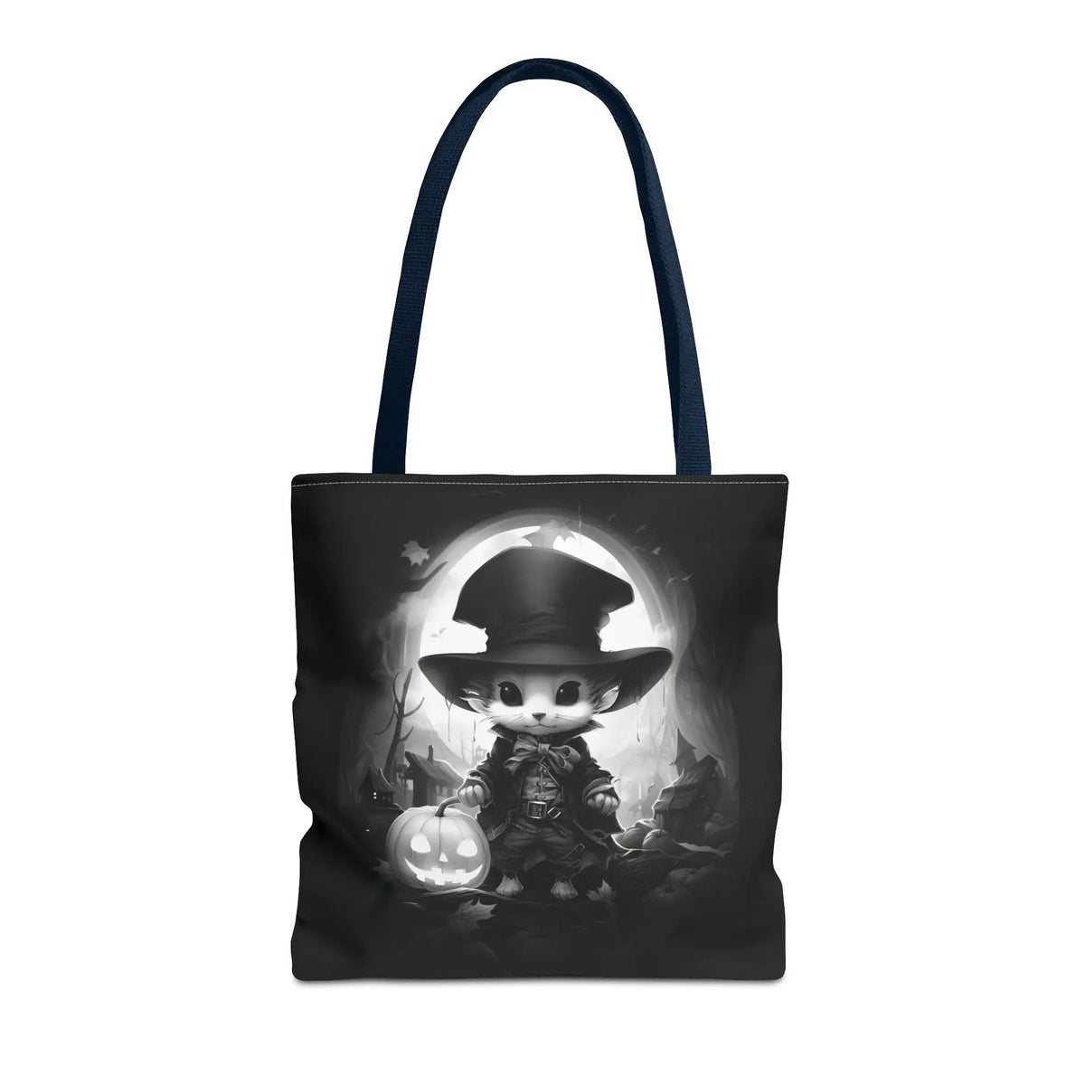 Tote Bag - Black & White Vampire Hunter Mouse with Top Hat Halloween Jack-o'-lantern Printify