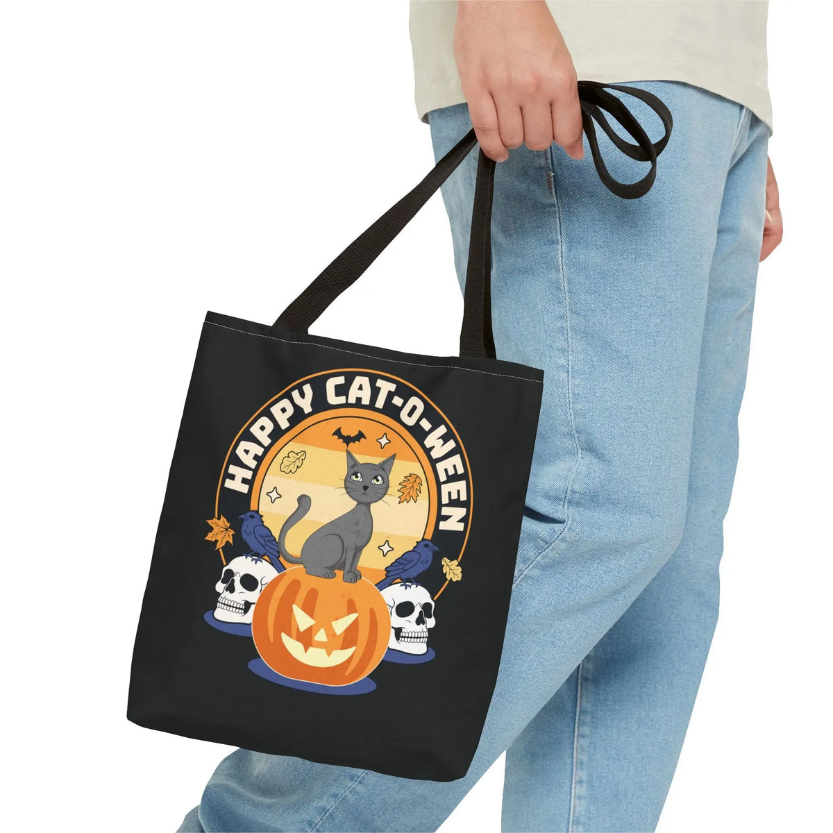 Tote Bag - Halloween Black Cat on Jack O Lantern Design Printify