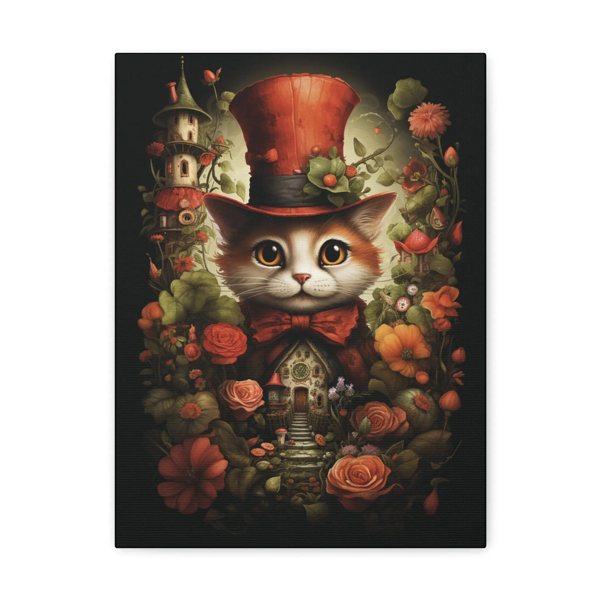 Cat in Top Hat with Flower Garden Canvas Wall Art Printify