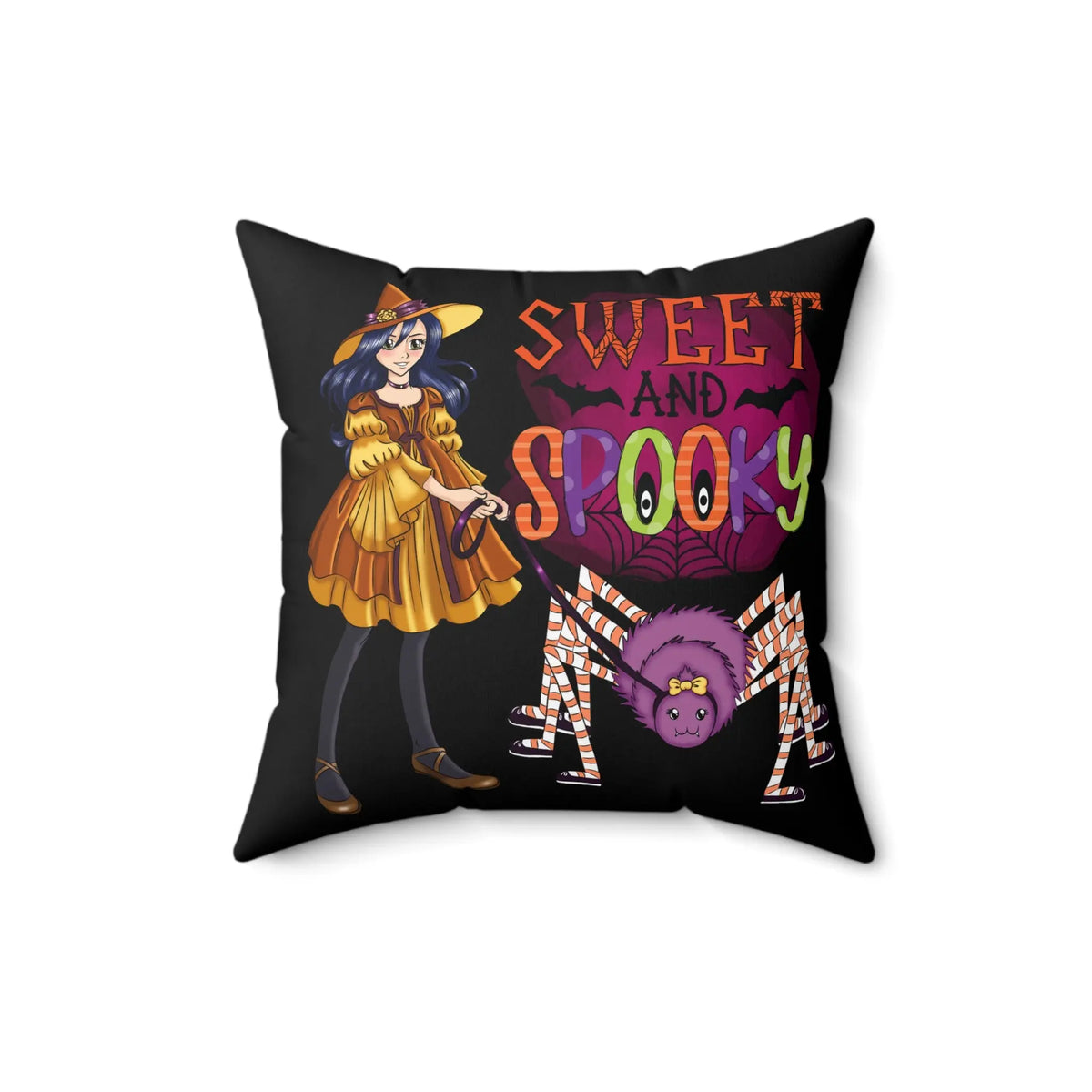 "Sweet and Spooky" Spider Witch Decorative Pillow – Perfect for Halloween! Kawaii Esquire