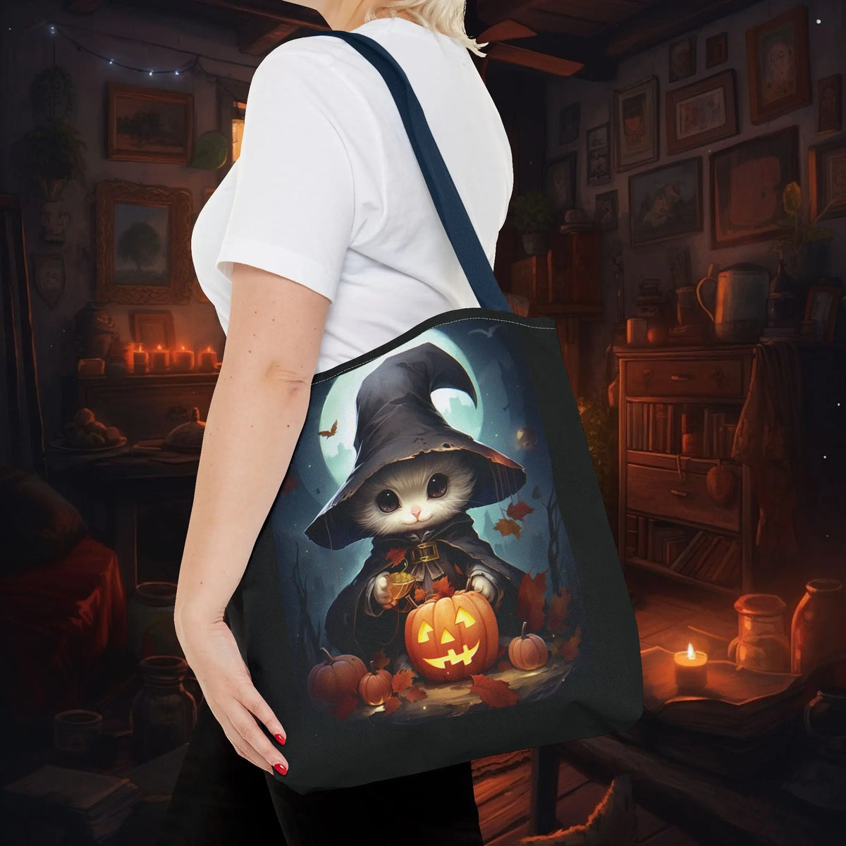 Elegant White Witch Cat Tote Bag for Magical Adventures Printify