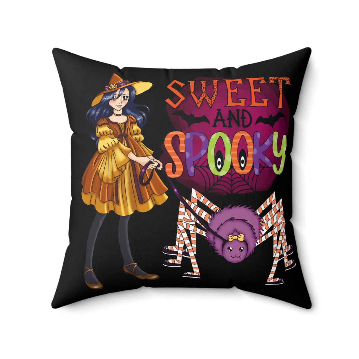 "Sweet and Spooky" Spider Witch Decorative Pillow – Perfect for Halloween! Kawaii Esquire