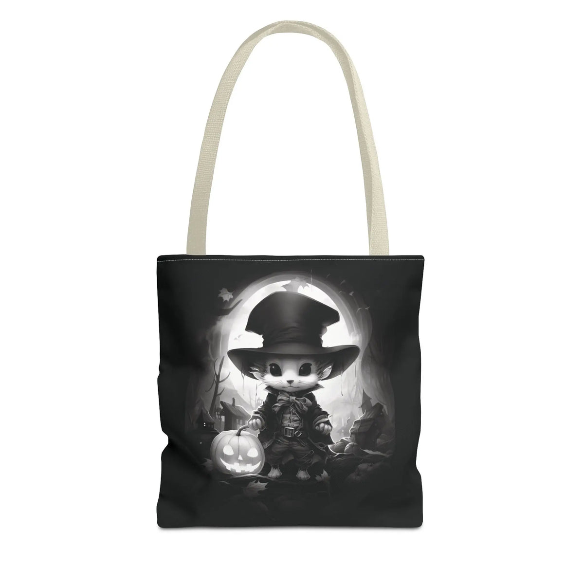 Tote Bag - Black & White Vampire Hunter Mouse with Top Hat Halloween Jack-o'-lantern Printify