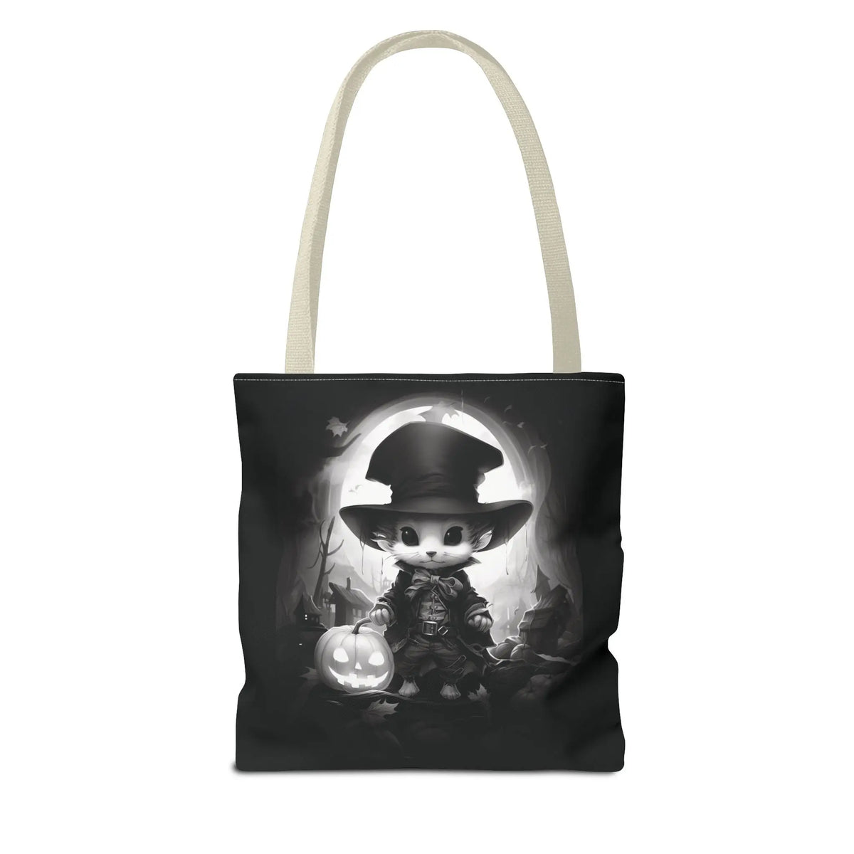 Tote Bag - Black & White Vampire Hunter Mouse with Top Hat Halloween Jack-o'-lantern Printify