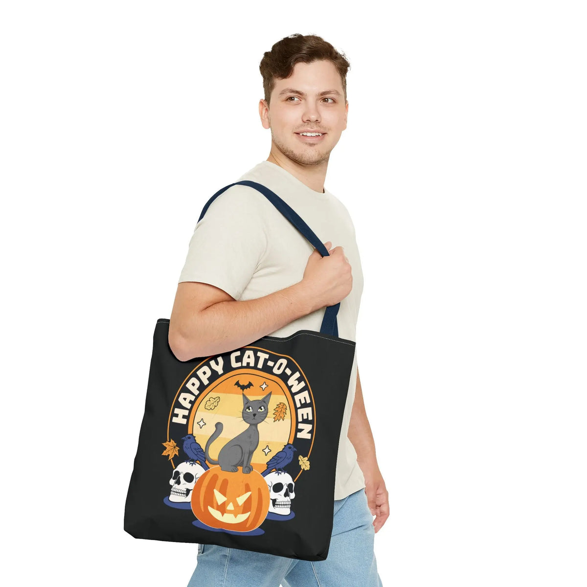 Tote Bag - Halloween Black Cat on Jack O Lantern Design Printify