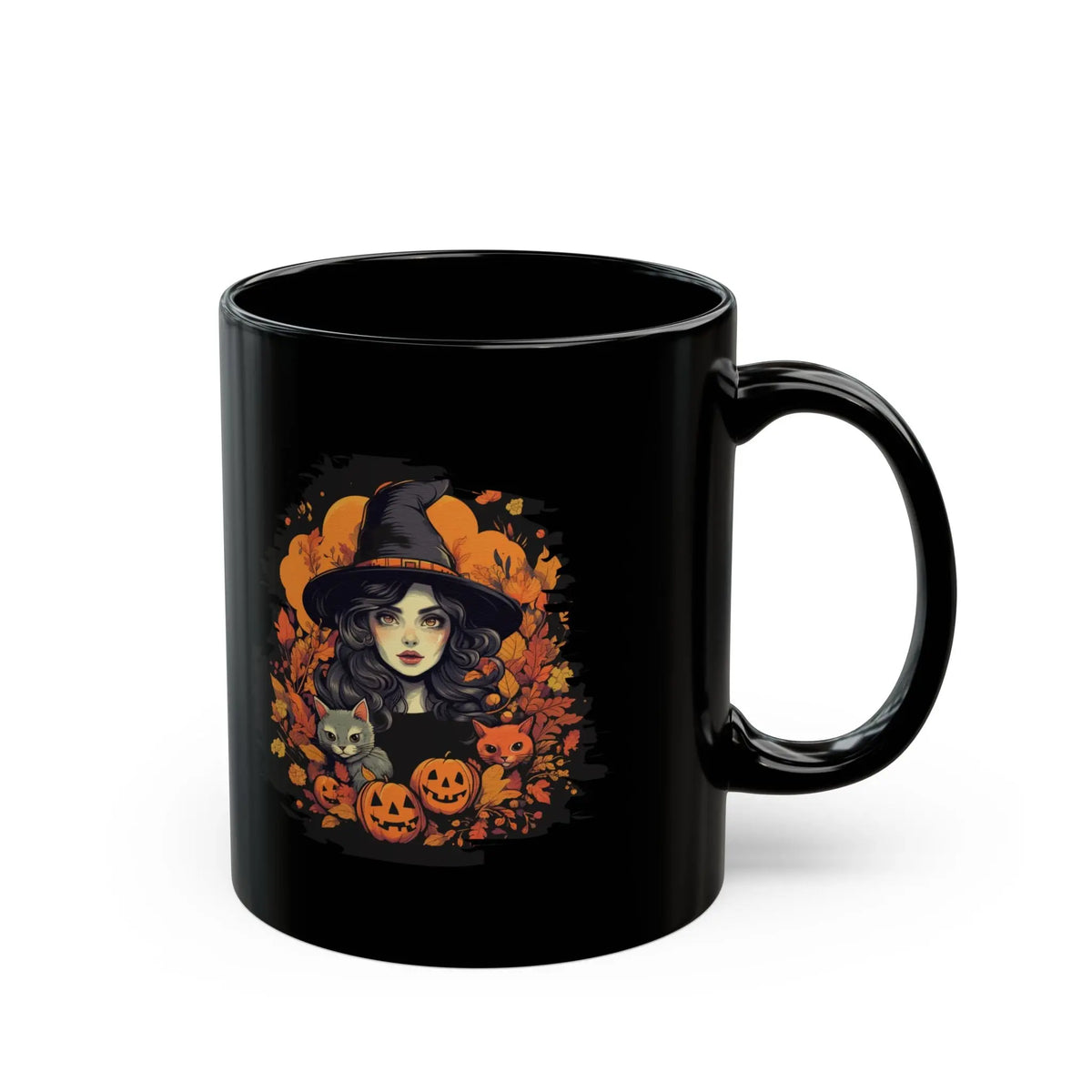 Enchanting Witch and Her Cat Familiars - 11oz Black Mug, Halloween Gift, Witchy Coffee Cup, Gothic Tea Mug, Wiccan Drinkware Printify