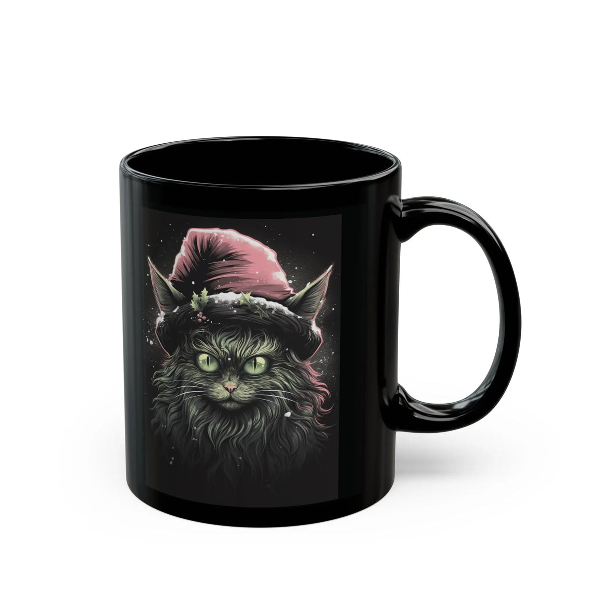 Krampus Cat Red Hat Christmas Mug - Black Ceramic - Unique Holiday Gift, Festive Cat Coffee Cup, Christmas Gift Idea, Cat Lover Printify