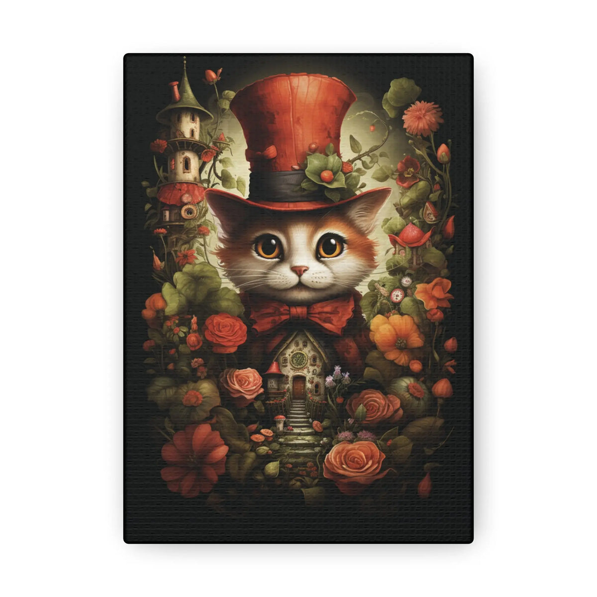 Cat in Top Hat with Flower Garden Canvas Wall Art Printify