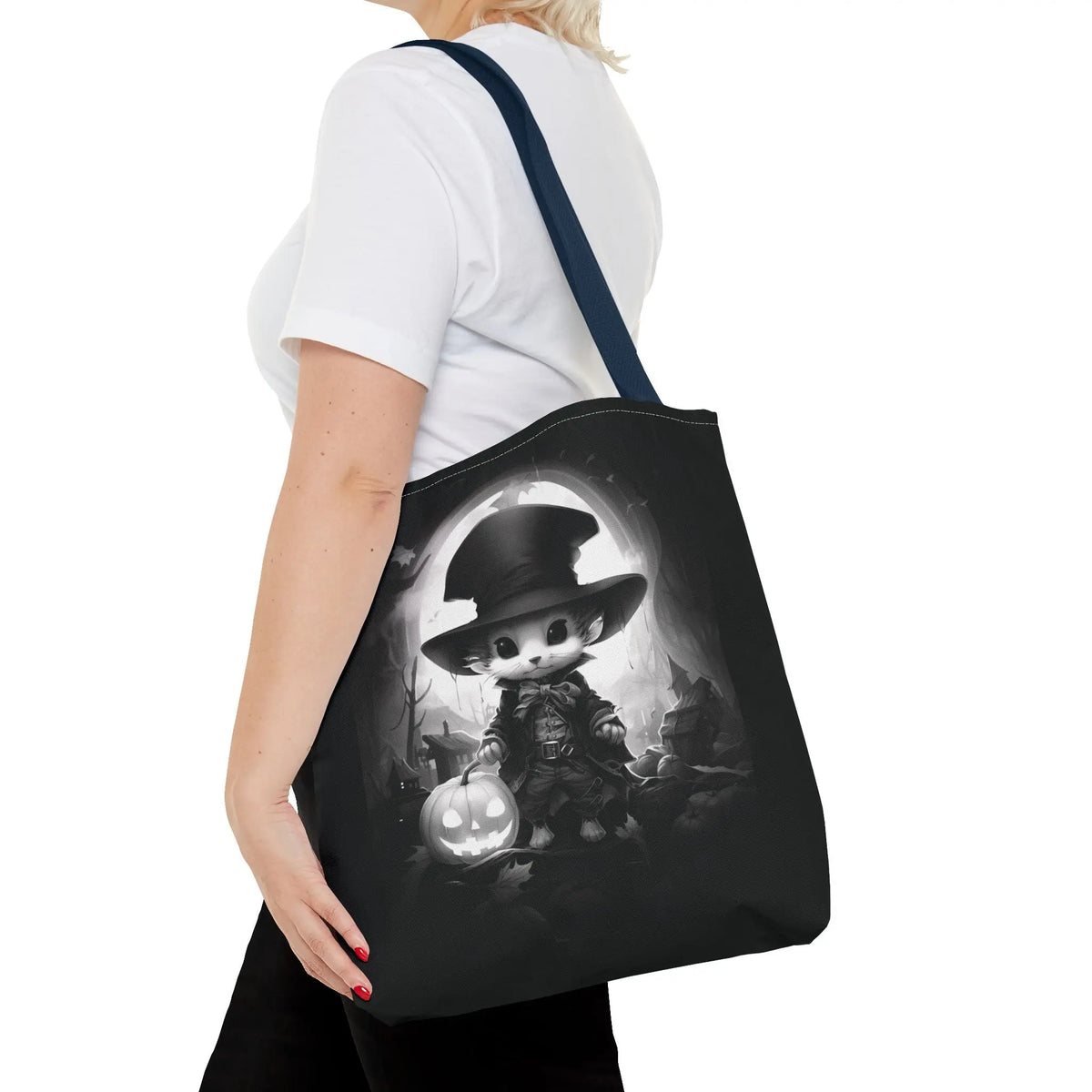 Tote Bag - Black & White Vampire Hunter Mouse with Top Hat Halloween Jack-o'-lantern Printify