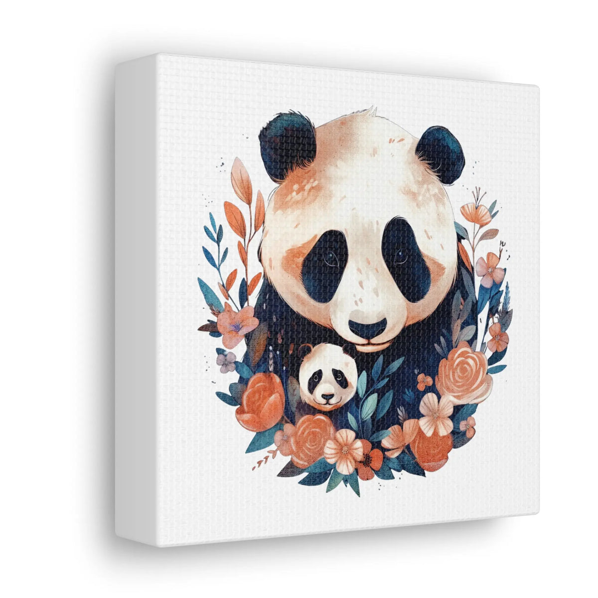 Mom and Baby Panda w/Floral Wreath Canvas Wall Art Printify