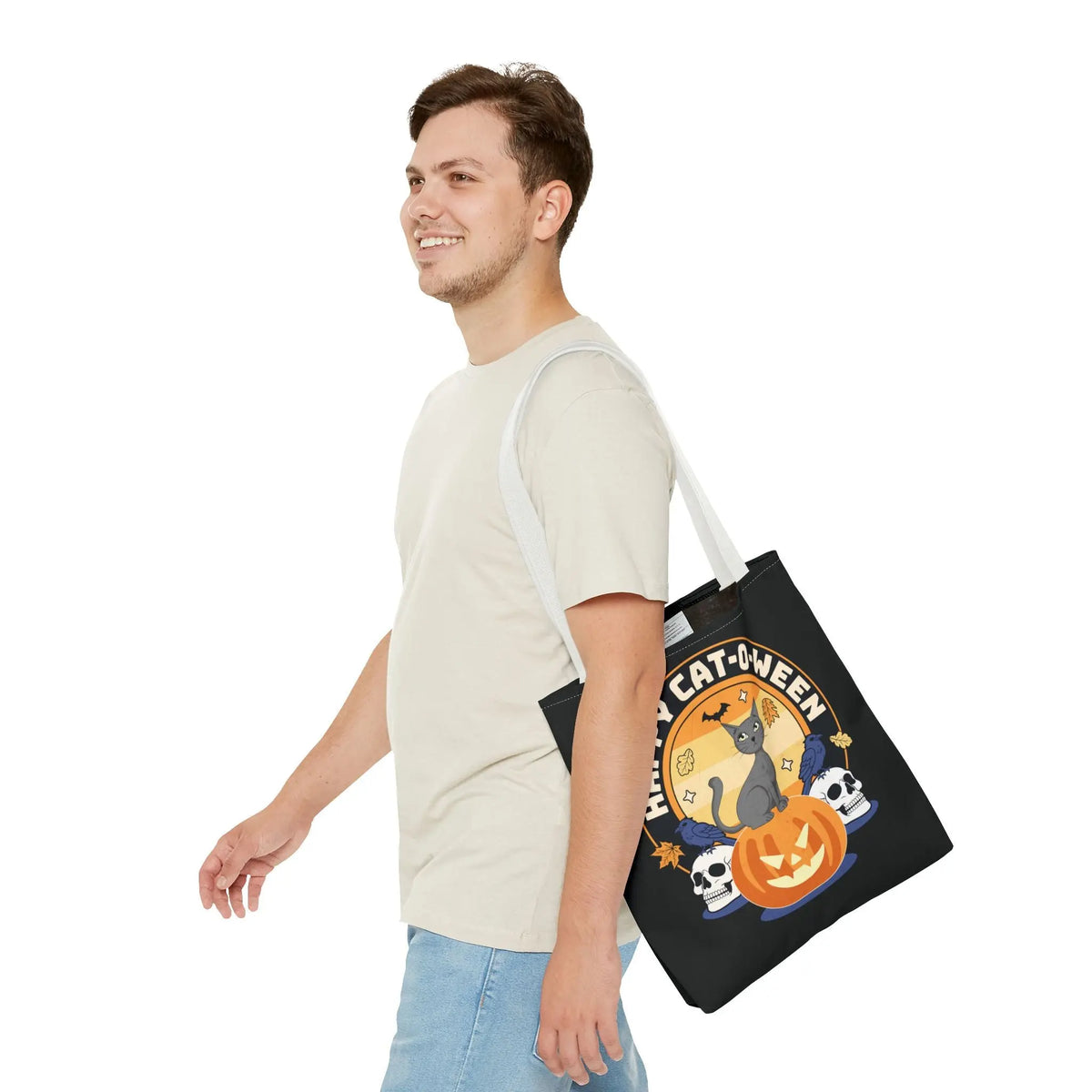 Tote Bag - Halloween Black Cat on Jack O Lantern Design Printify