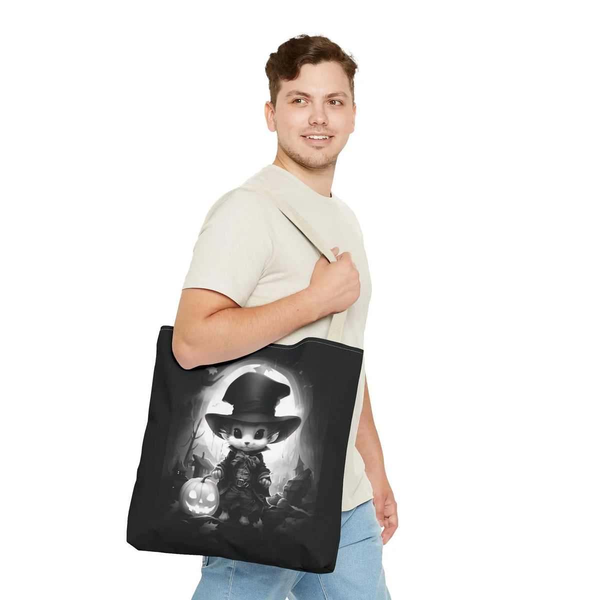 Tote Bag - Black & White Vampire Hunter Mouse with Top Hat Halloween Jack-o'-lantern Printify