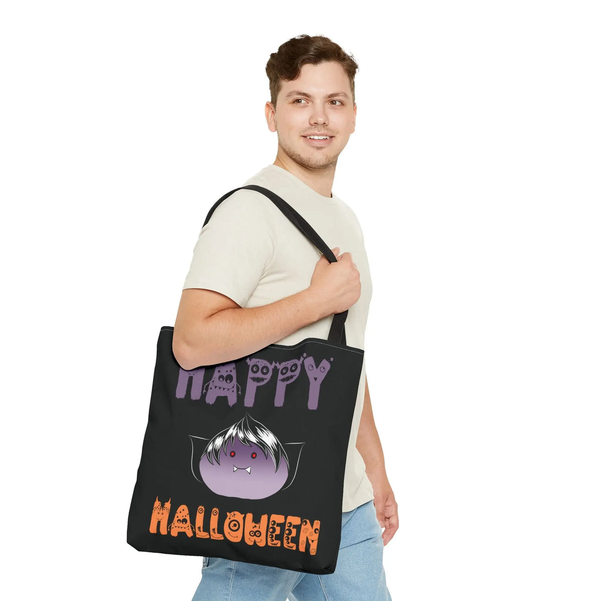 Halloween Tote Bag with Monster Design and Vampire Dumping Printify