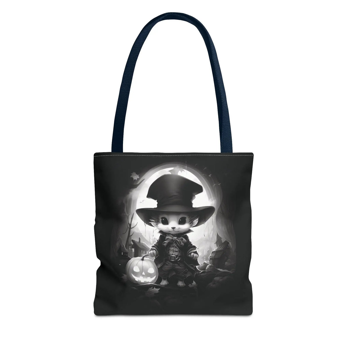 Tote Bag - Black & White Vampire Hunter Mouse with Top Hat Halloween Jack-o'-lantern Printify