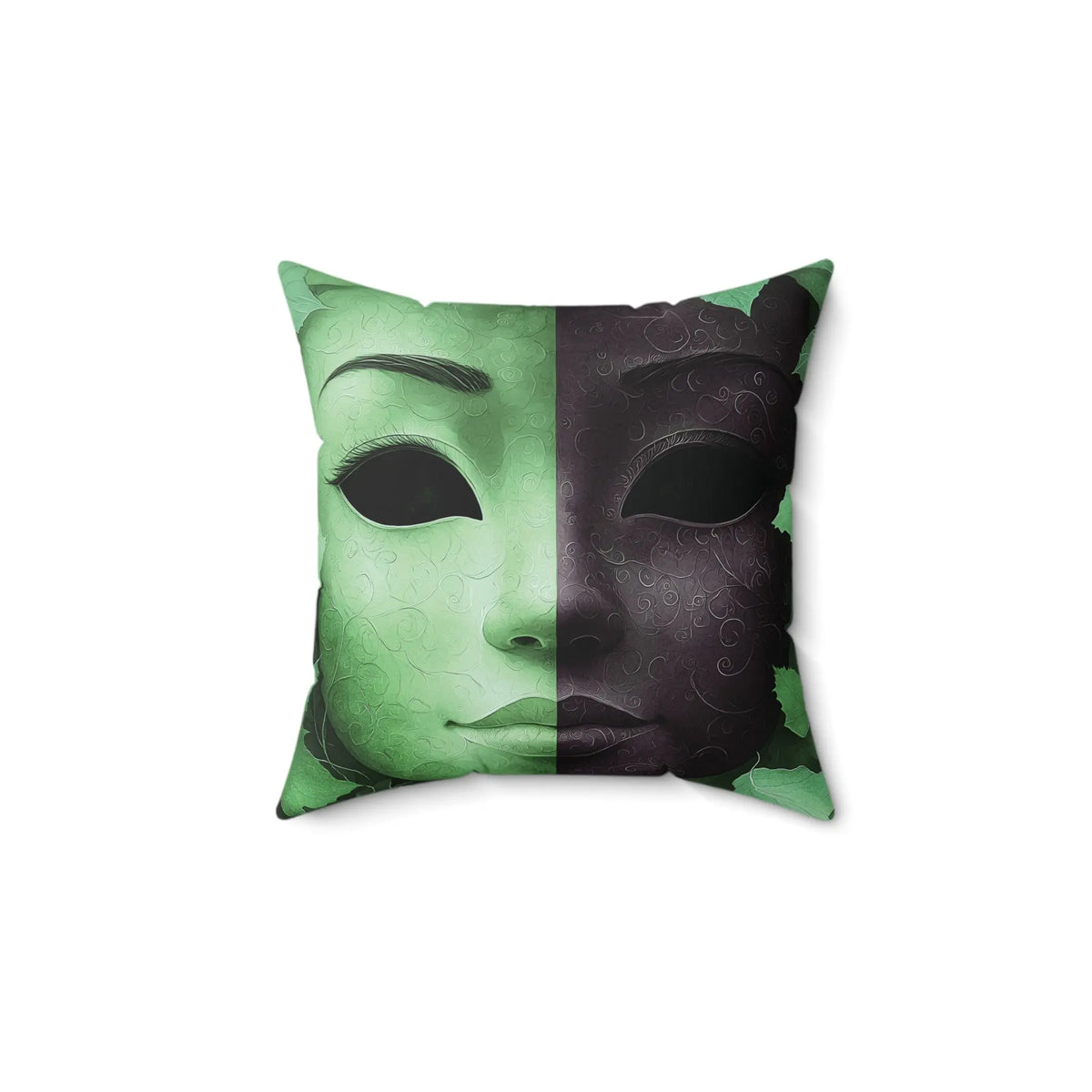 Square Pillow Faces of Fall Green & Black Dramatic Mask Spun Polyester Printify