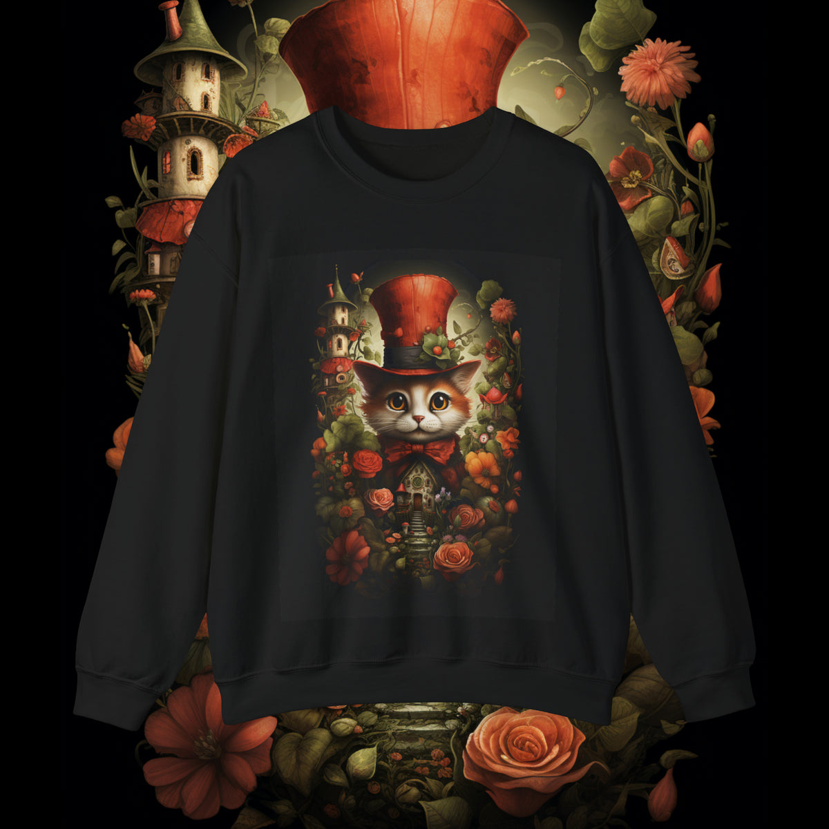 A Dreamy Cat House Fantasy Sweatshirt with Floral Garden - Unique and Cozy