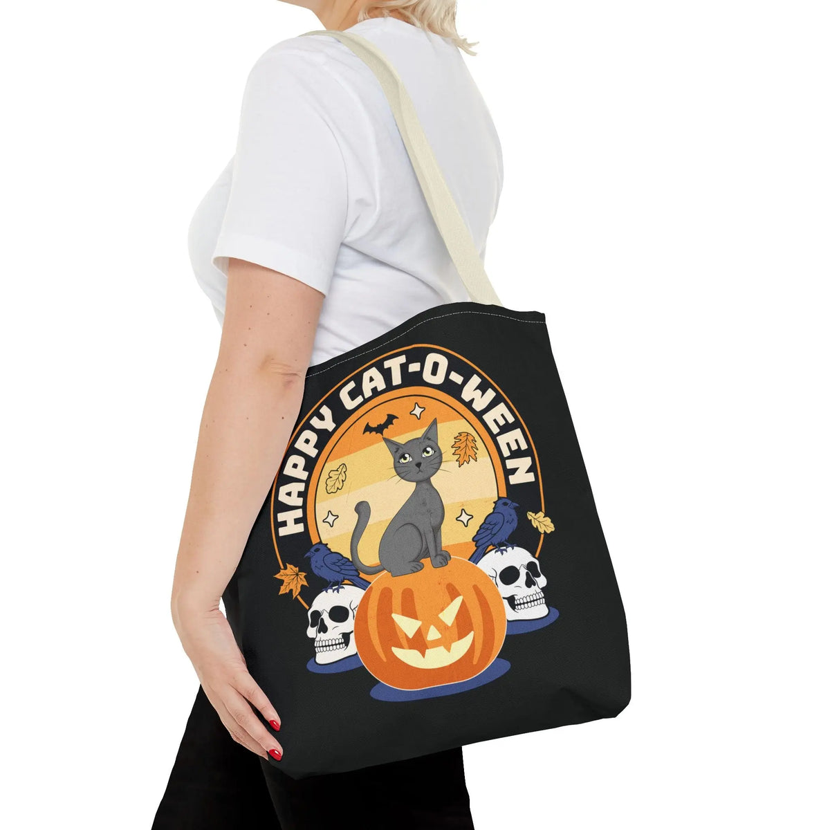 Tote Bag - Halloween Black Cat on Jack O Lantern Design Printify