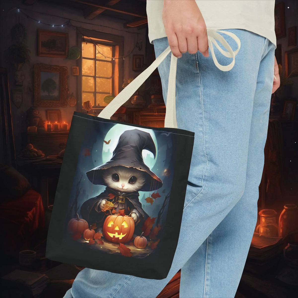 Elegant White Witch Cat Tote Bag for Magical Adventures Kawaii Esquire