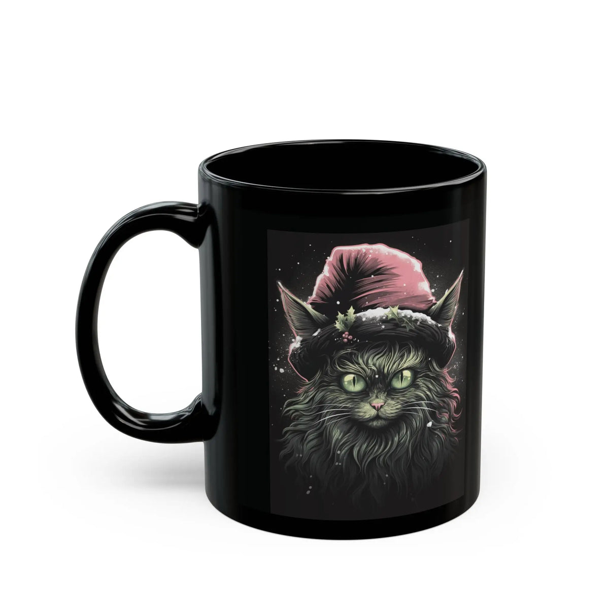 Krampus Cat Red Hat Christmas Mug - Black Ceramic - Unique Holiday Gift, Festive Cat Coffee Cup, Christmas Gift Idea, Cat Lover Printify