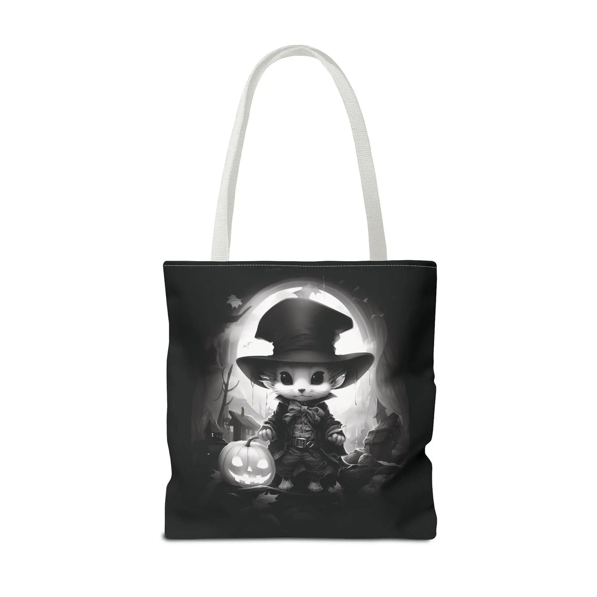 Tote Bag - Black & White Vampire Hunter Mouse with Top Hat Halloween Jack-o'-lantern Printify