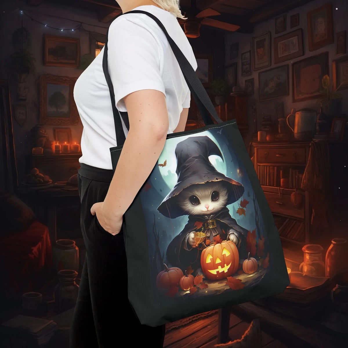 Elegant White Witch Cat Tote Bag for Magical Adventures Printify