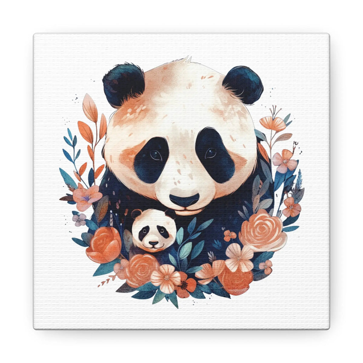 Mom and Baby Panda w/Floral Wreath Canvas Wall Art Printify