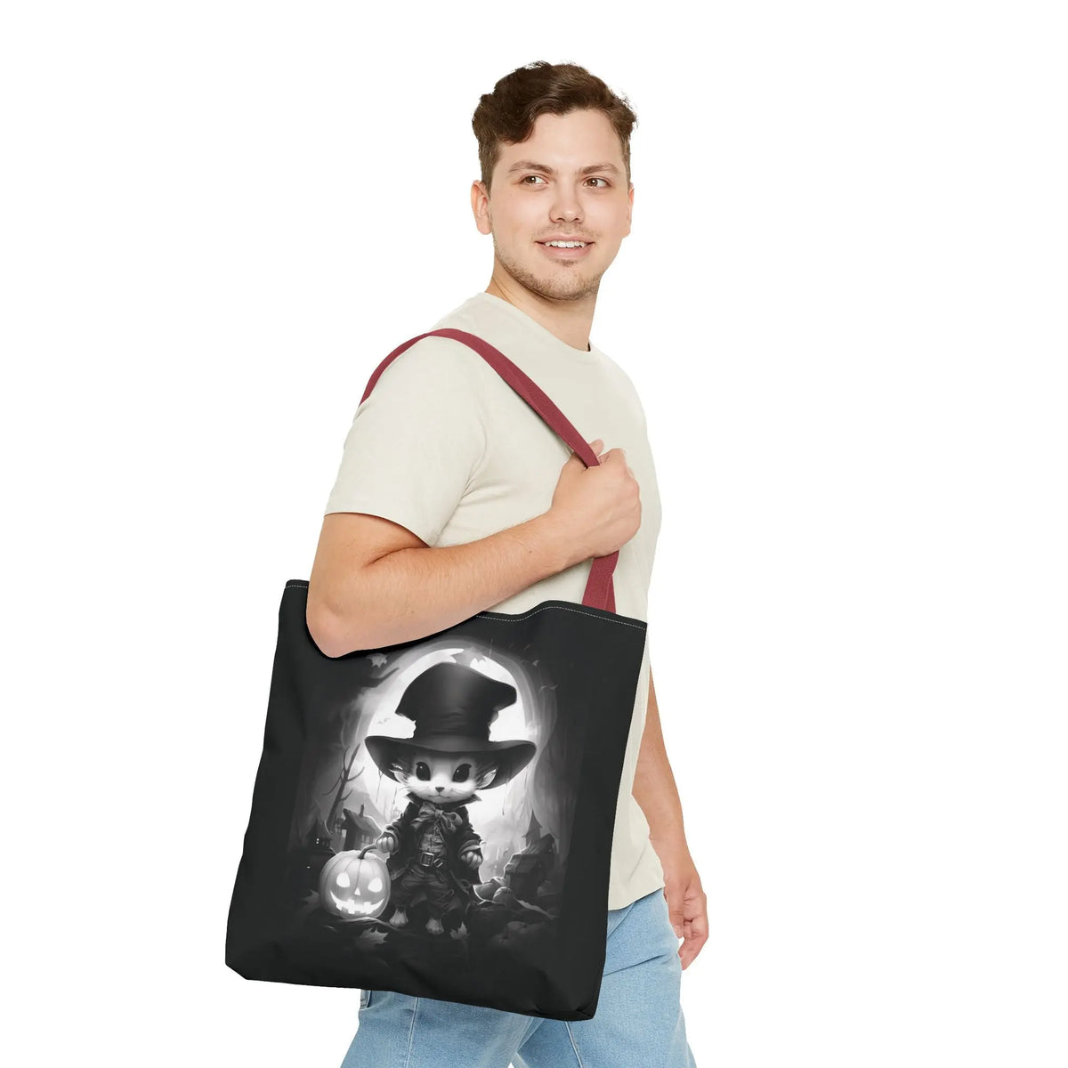 Tote Bag - Black & White Vampire Hunter Mouse with Top Hat Halloween Jack-o'-lantern Printify