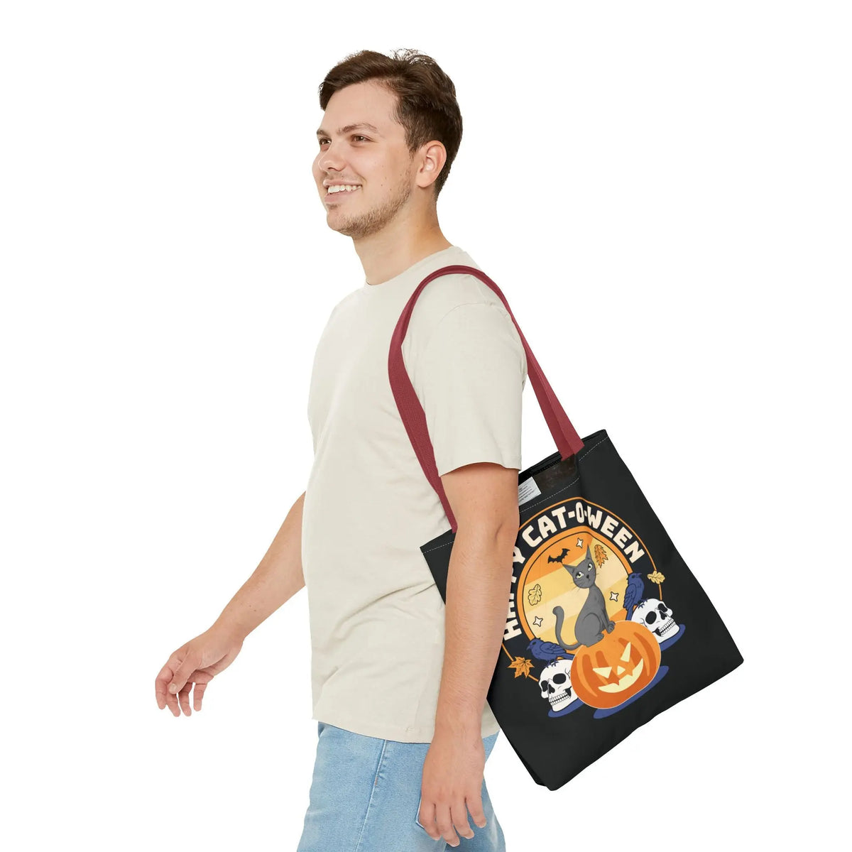 Tote Bag - Halloween Black Cat on Jack O Lantern Design Printify