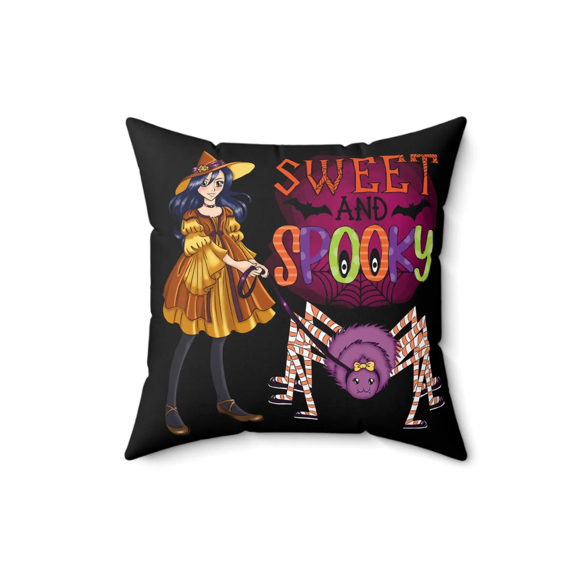 "Sweet and Spooky" Spider Witch Decorative Pillow – Perfect for Halloween! Kawaii Esquire