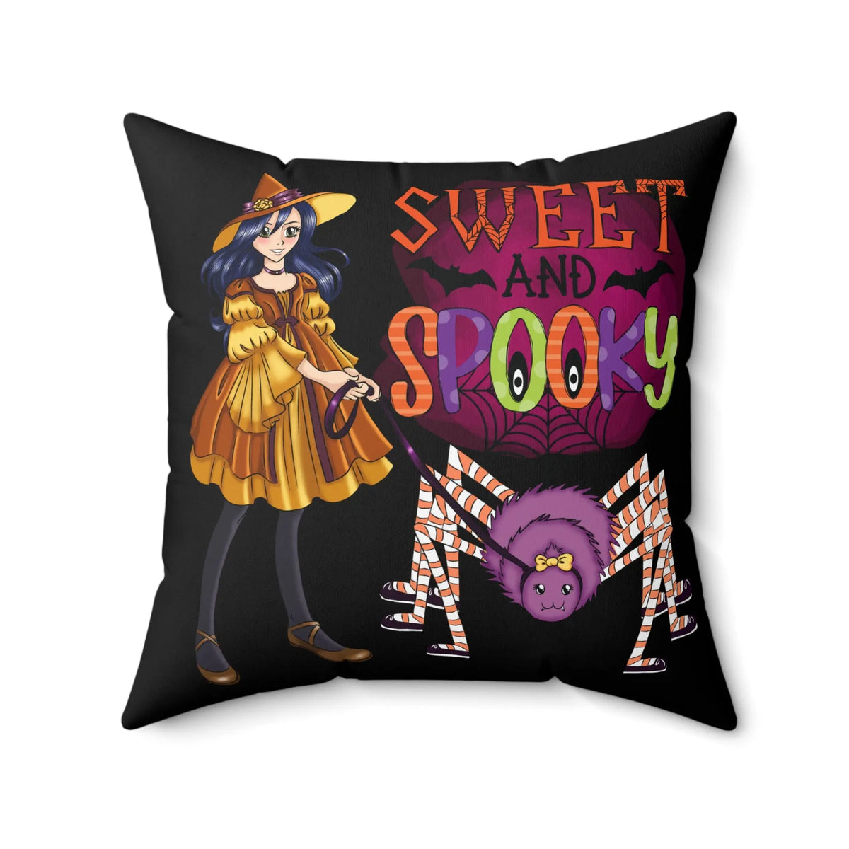 "Sweet and Spooky" Spider Witch Decorative Pillow – Perfect for Halloween! Kawaii Esquire