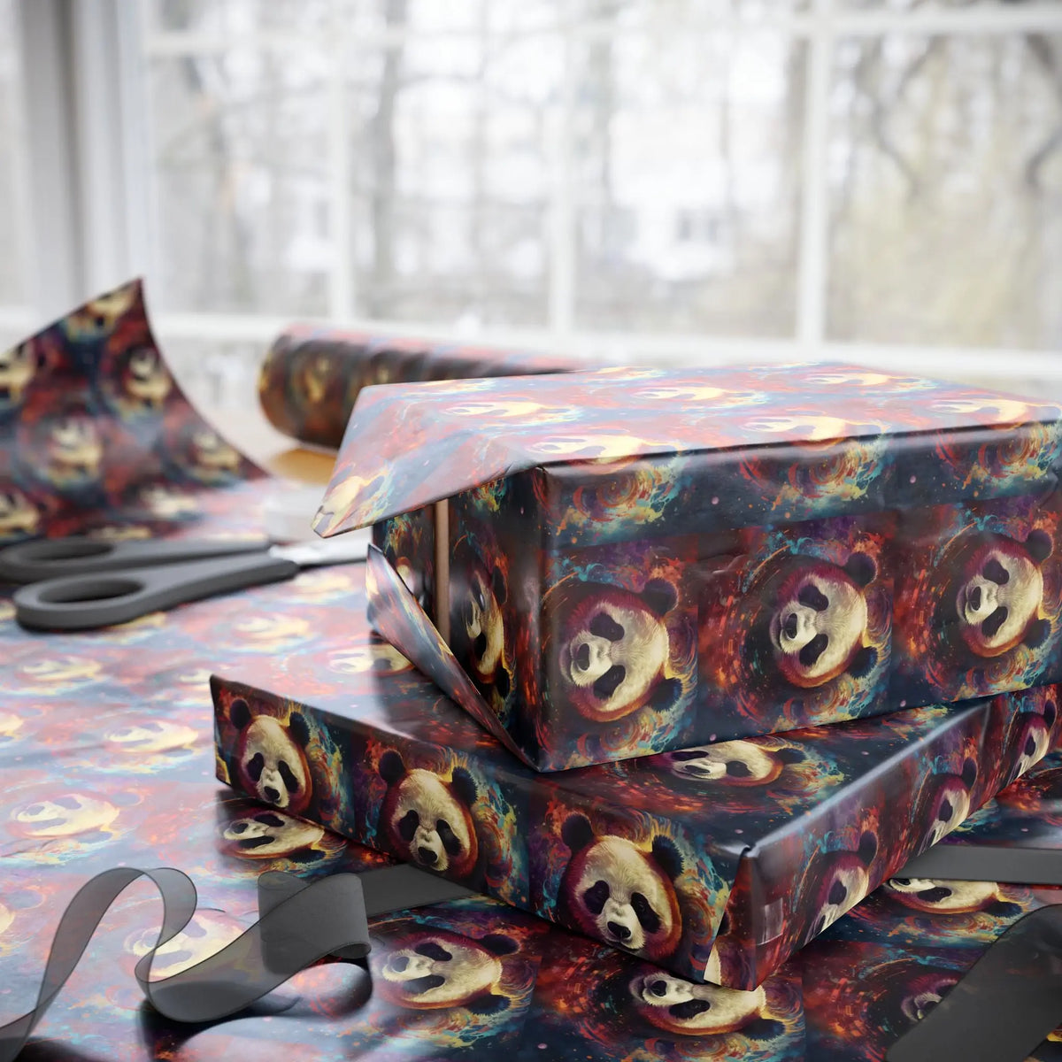 Cosmic Panda Pattern Wrapping Paper Printify