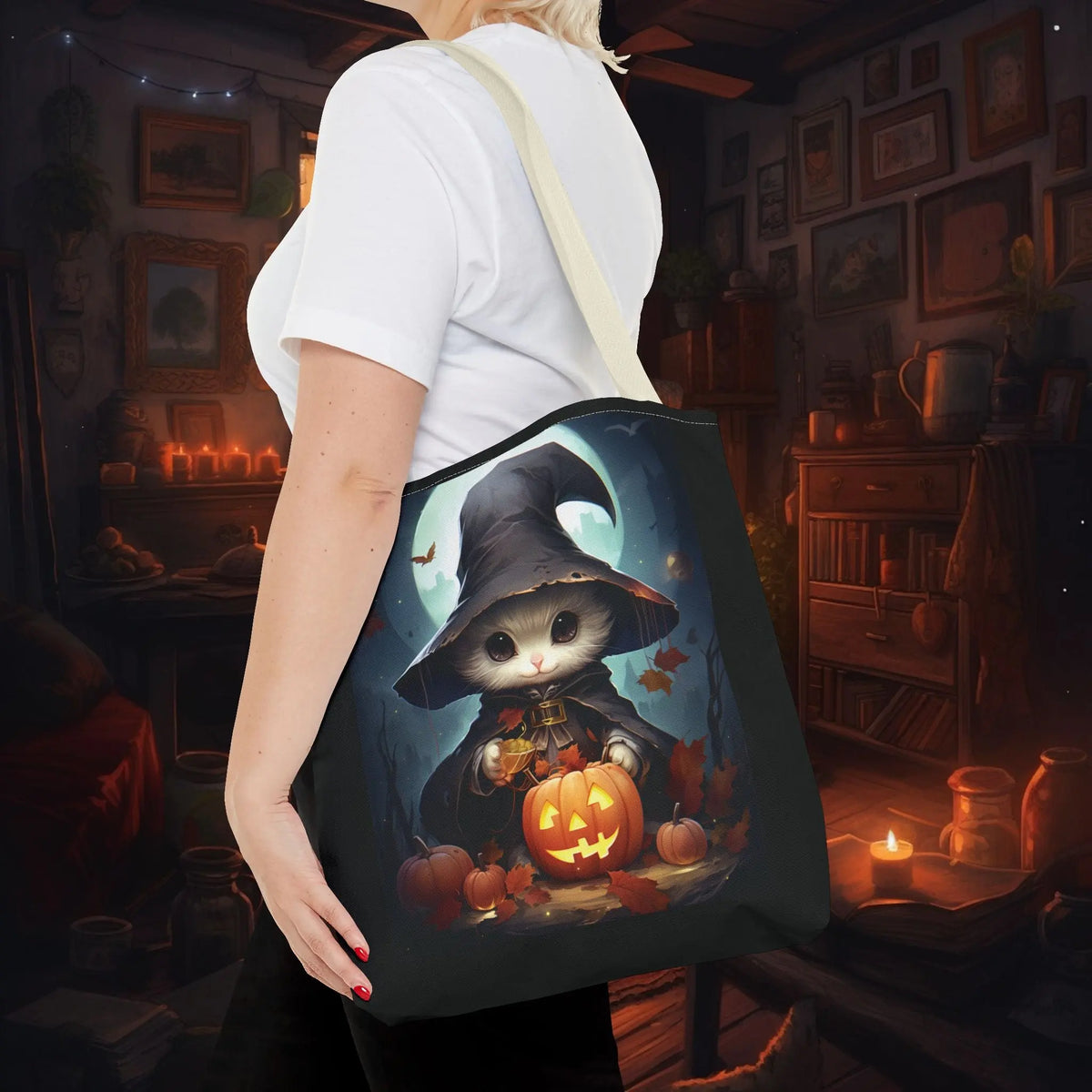 Elegant White Witch Cat Tote Bag for Magical Adventures Printify