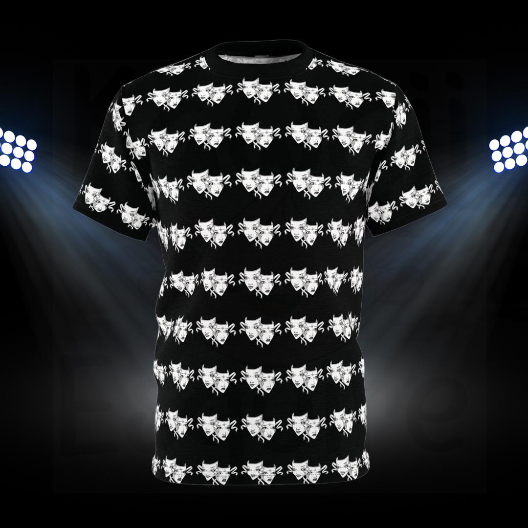 An all-over print design of white drama masks. The drama masks, depicting one happy and one sad face, are arranged in a consistent, repeating pattern across the entire front of the shirt, including the sleeves. The masks are intricately designed, adding a dramatic and artistic flair to the t-shirt. 
