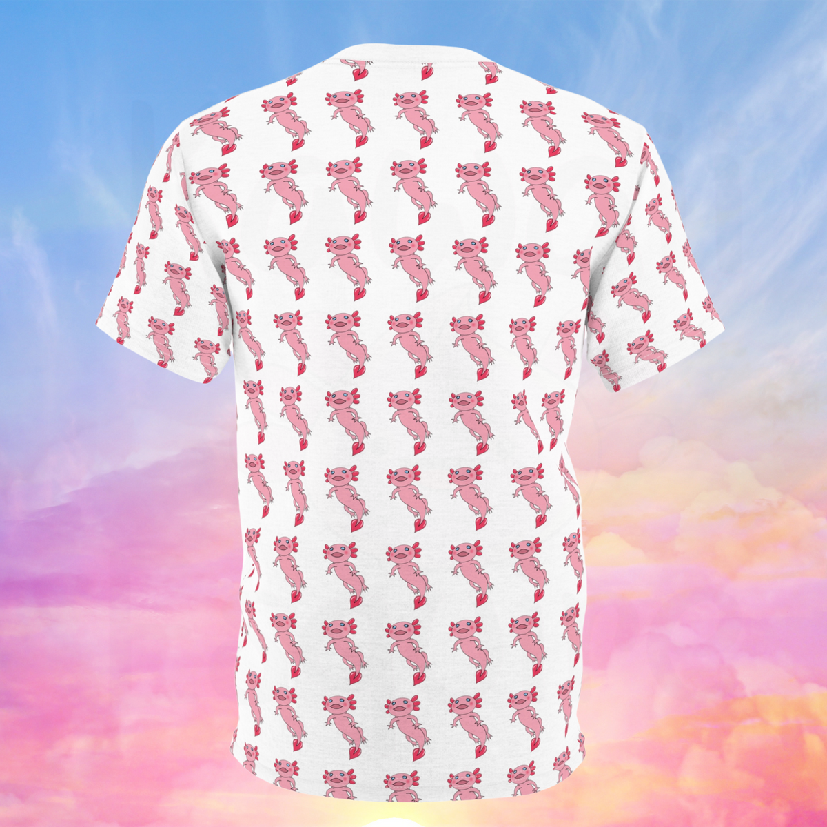 The image displays the back view of an all-over print t-shirt featuring a cute pink axolotl design. The background of the shirt is white with a repeating pattern of smaller pink axolotls throughout. Unlike the front, there is no large axolotl figure; instead, the smaller pink axolotls form a consistent pattern across the entire back of the shirt. 