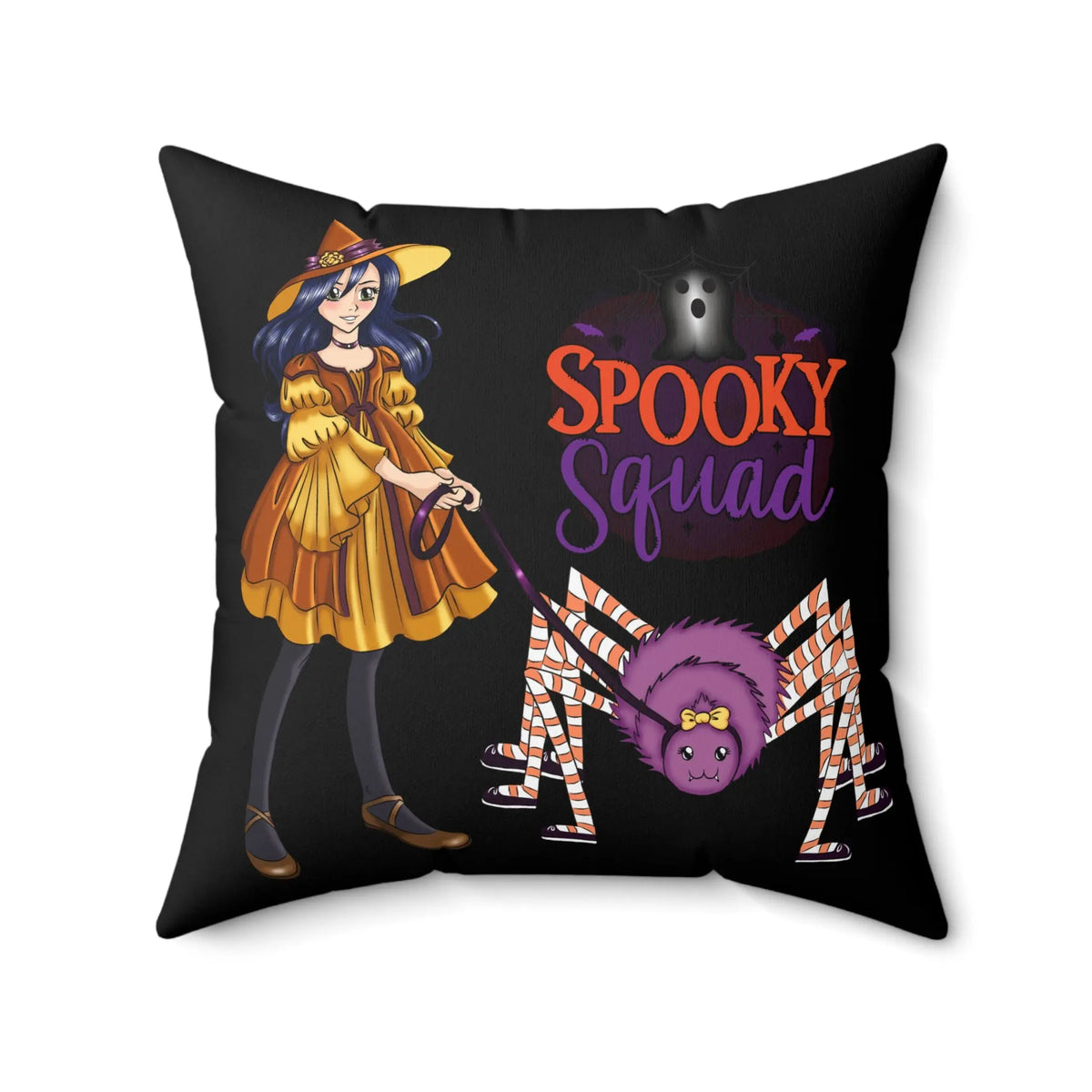 Black decorative pillow featuring a charming witch with a spider companion and the text "Spooky Squad" with spider web accents, ideal for Halloween decor.