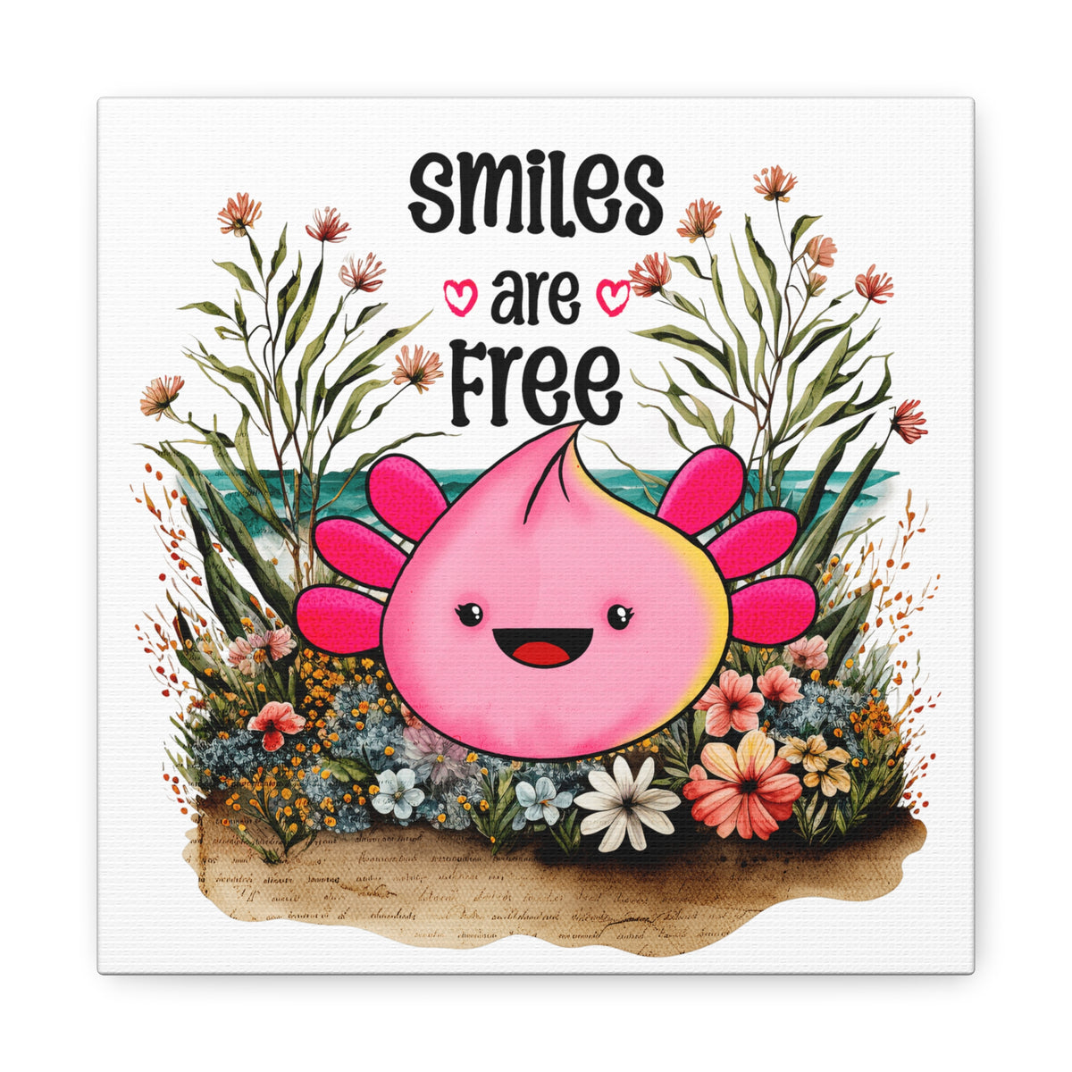 Smiles are Free Pink Smiling Axolotl Canvas Art